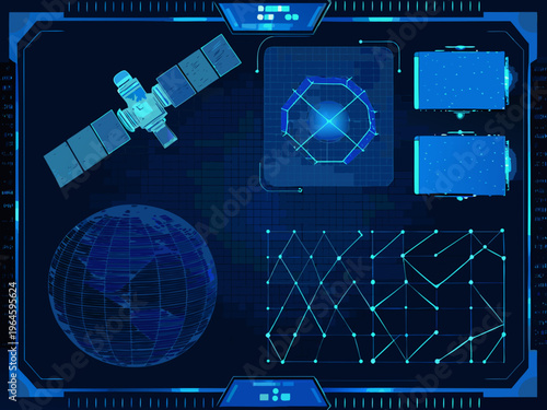 Futuristic interface displaying a satellite earth and data network visualization