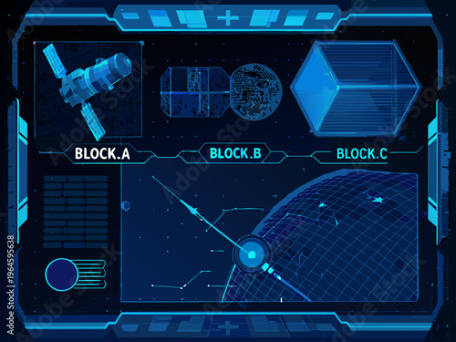 Futuristic interface displaying satellite imagery and planetary data blocks