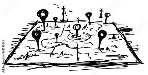 Navigation map with location pins and destination markers in a hand drawn sketch style