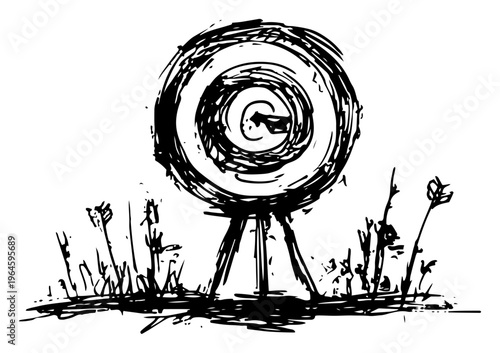 Archery target on tripod with arrows in field in hand drawn sketch style