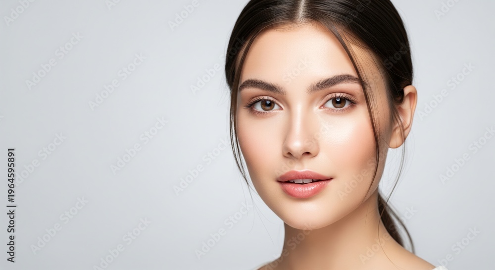 Obraz premium Stunning close-up portrait of a beautiful young woman with radiant, healthy skin, showcasing her natural beauty, serene expression, and fresh, glowing complexion
