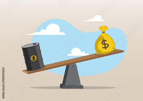 Energy Economics Concept: Oil Barrel and Money Bag Balancing on Seesaw Scale