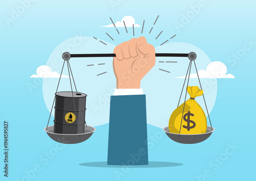 Energy Economy Control Concept: Hand Holding Balance Scale with Oil Barrel and Money Bag