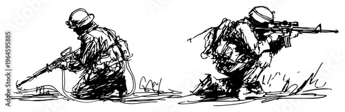 Foto Soldiers in tactical gear aiming rifles during combat mission in hand drawn sket