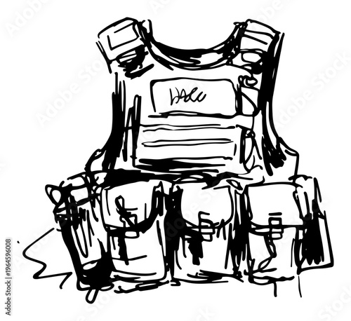 Tactical bulletproof vest with equipment pouches for defense sketch style