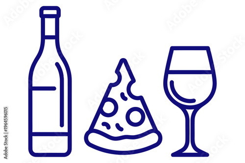 Wine Bottle, Pizza Slice, and Wine Glass Line Icons