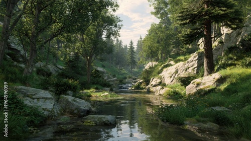 Shallow river reflecting trees in rocky forest ravine
