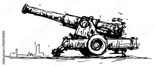 Tableau sur toile Antique military artillery cannon on field in sketch style