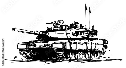 Military main battle tank in expressive hand drawn ink sketch style