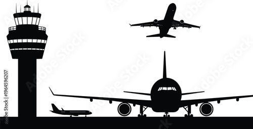 Airport silhouette featuring control tower and several airplanes on runway, aviation transport travel flight terminal vector illustration, jet, landing.