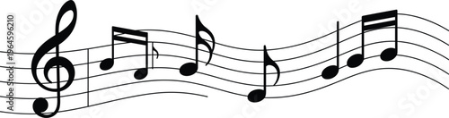 Music notes vector illustration, flowing melody staff with treble clef and musical symbols design