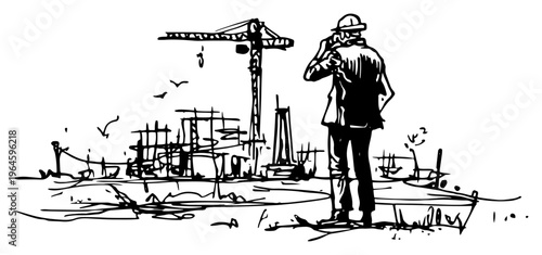Construction site manager supervising building project in hand drawn sketch style
