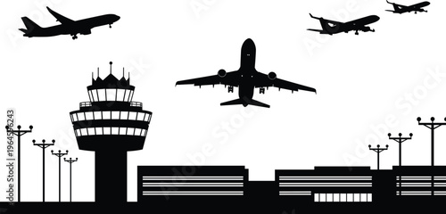 Airport silhouette with control tower, terminal building and multiple airplanes taking off in sky, aviation travel flight transport vector illustration, jet.