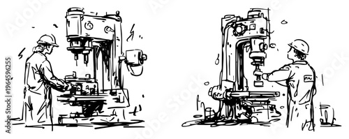 Factory workers operating industrial machinery in expressive hand drawn sketch style