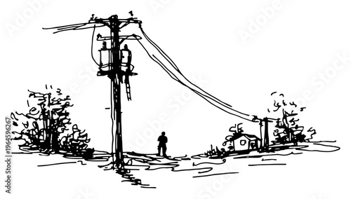Utility pole with transformer and power lines in rural landscape sketch