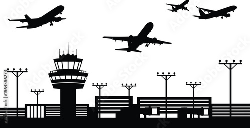 Airport silhouette with control tower, terminal building and multiple airplanes taking off in sky, aviation travel flight transport vector illustration, jet.