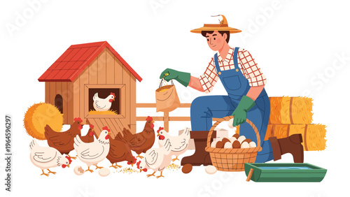 A Day on the Farm: A dedicated farmer tends to his flock of chickens, gathering eggs and providing care in a picturesque rural setting.