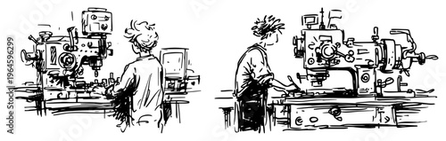 Industrial workers operating heavy machinery in factory workshop sketch
