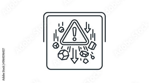 Fotografie Warning sign with abstract falling rocks and debris, outline style, isolated white background