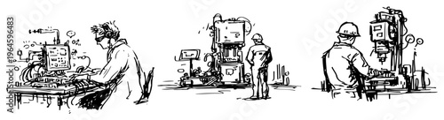 Engineers and technicians working on electronic equipment and industrial machinery in hand drawn sketch style