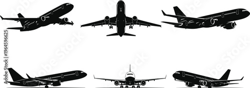 Set of airplane silhouettes from different angles isolated on white background, commercial aircraft aviation flight transport travel vector illustration, jet.