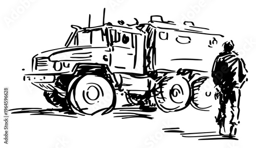 Armored military truck and soldier standing in field hand drawn sketch style