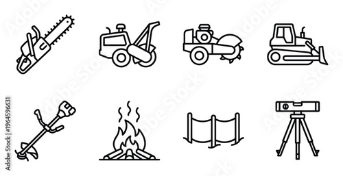 Set of construction tools and equipment icons chainsaw bulldozer strimmer bonfire