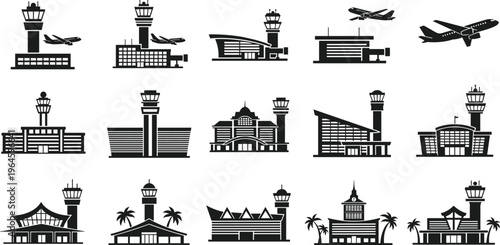 Set of airport terminal building icons with control towers and airplanes isolated on white background, aviation travel transport vector illustration, set.