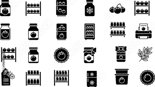 Comprehensive set of black vector icons showing tomato canning process with glass jars, pantry storage, refrigerator cooling, and product labeling