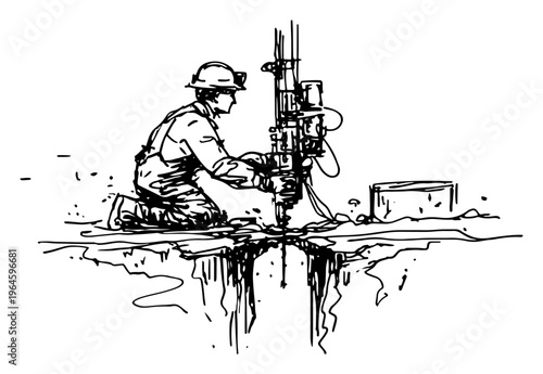 Worker operating heavy industrial drill machine on construction site hand drawn sketch style