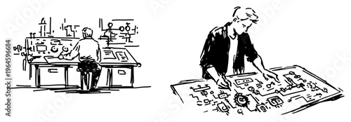 Engineers working with technical blueprints and control panels hand drawn sketch style