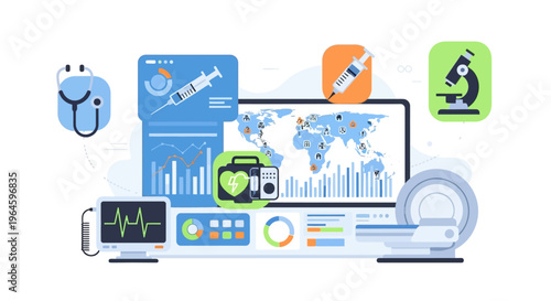 Digital Healthcare Ecosystem: Global Medical Technology, Data Analytics, Diagnostics & Research Illustration