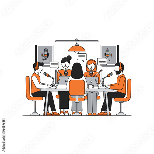 Five podcasters recording show in a studio, sitting at a table with microphones and screens.