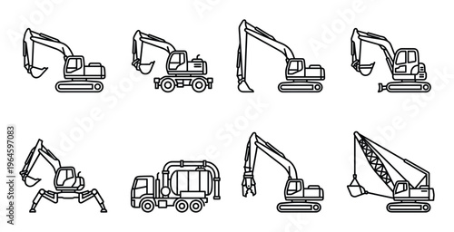 Set of excavators and heavy construction machinery outline pictograms isolated on transparent background