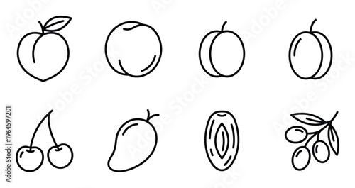 Set of fruit icons including peach plum apricot cherry mango and olives isolated on transparent background