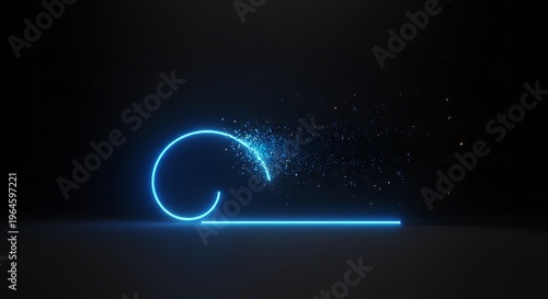 Minimalist single neon blue line dissolving into cosmic void digital particles