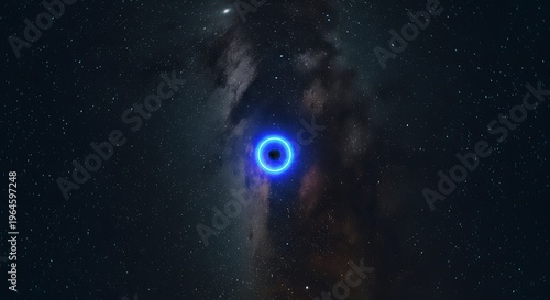 Minimalist single neon blue dot vast cosmic void with embedded digital data