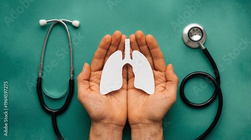 The image depicts hands holding a paper cutout of lungs, flanked by stethoscopes on a teal background, symbolizing respiratory health and medical care.