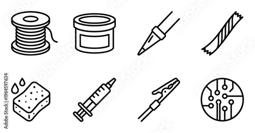 Soldering tools and components for electronic circuit board assembly vector icons