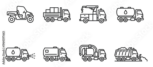 Specialized vehicles and trucks, line art vector icons for transportation and service