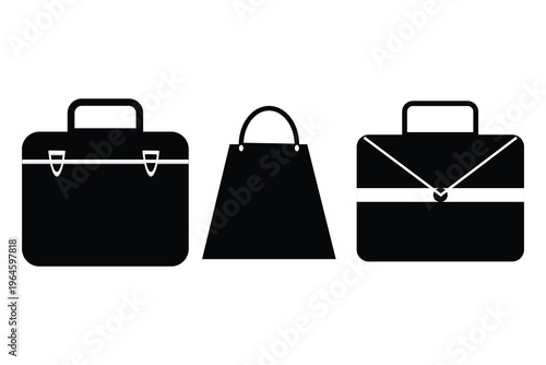 Professional business briefcase and handbag icons, black silhouette luggage set of 3 vector elements, corporate office bag and portfolio symbols