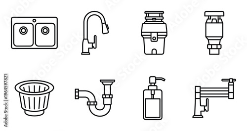 Various plumbing and kitchen sink items, including double sink, faucet, pipe, and garbage disposal