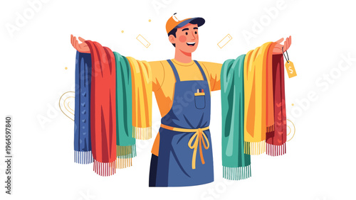 The Artisan of Textile Delights: A cheerful craftsman proudly displays an array of colorful textile garments, exuding expertise and artistic flair.
