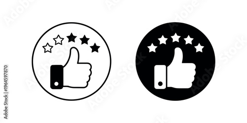 Black and white thumbs up with stars ratings feedback in white background