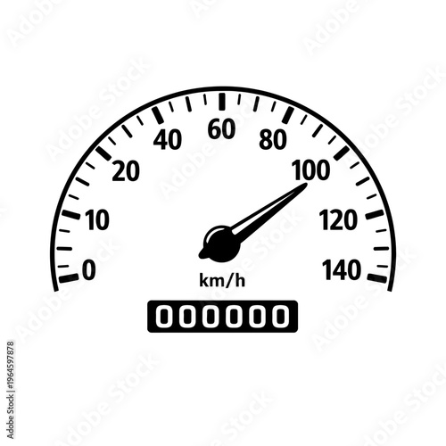 Vector icon of a speedometer indicating 100 km/h, featuring an odometer at 000000. Represents vehicle speed, distance, and automotive dashboard instrumentation. Ideal for transportation designs, illus