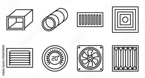 Ventilation and hvac system line icons featuring air ducts and cooling fan with digital thermostat
