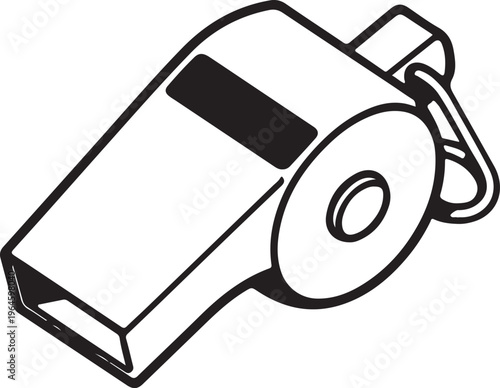 Whistle icon, referee whistle, sports equipment, black and white illustration