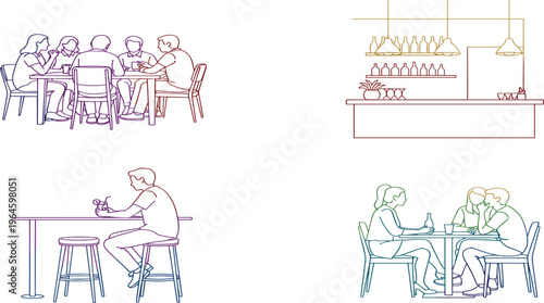 Diverse Line Art Scenes Depicting Social Dining in Restaurants and Cafés with Different Groups and Settings