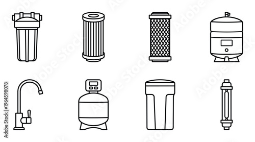 Water filtration system and plumbing equipment outline icons set including reverse osmosis and tank