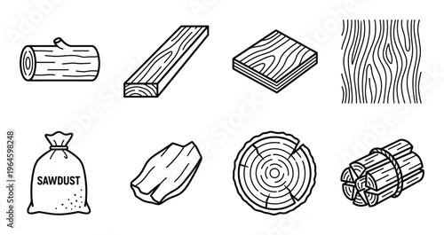 Wood materials in collection log plank sawdust and lumber isometric vector set